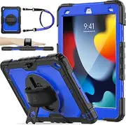 SEYMAC stock Case for iPad 9th/ 8th/ 7th Generation 10.2’’, Shockproof Case with Screen Protector Pencil Holder [360° Rotating Hand Strap] &Stand for iPad 10.2 inch 2021/2020/2019 (Blue+Black)