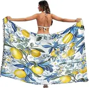 [RPLIFE] Yellow Lemons Blue Flowers Swimsuit Coverup Sarong, Sarong Tassels for Summer Beach/pool, Large, Yellow Lemons Blue Flowers 2, Medium