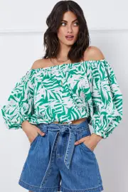 Trop Print Crop Top Long Sleeve Off Shoulder - Size 14, Women's Bardot