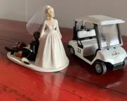 Wedding Cake Topper Two Piece Golf Cart / Clubs Blonde Bride Dark Hair Groom