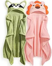 WODHOY 2-Pack Animal Hooded Bath Towels for Babies & Kids 0-6 Years, 50x32 Inch Ultra Soft Coral Fleece Baby Towel Set, Super Absorbent, Bath Time Essentials with Cute Animal Ears, Gift Ready