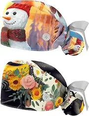 [YTYVAGT] 2-Pc,Nurse Scrub Caps,Scrub Hats with Buttons and Cotton Sweatband,Christmas Tree Love Snowman