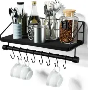 Rustic Floating Wall Shelves with Towel Bar & Hooks for Home Organization