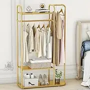 MAIKAILUN Gold Clothing Rack,Modern Industrial Clothes Rack for hanging Clothes with Top Rod and 3-Tier Shelves, Multi-functional Heavy Duty Garment Rack Cloest Organizer Coat Rack for Boutique