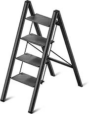 4 Step Ladder Folding Step Stool Aluminum Wide Pedal Portable Stepping Stools for Adults 330 IBS Capacity Multi-Use Light Home&Kitchen Black Ladders
