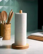 Wooden Paper Towel Holder - Beechwood Stand with Anti-Skid Base for Countertops