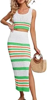 [LUXRUB] Women Sexy 2 Piece Outfits Long Skirt Set Sleeveless Square Collar Crop Top and Split Maxi Skirt Summer Beach Vacation (Color : Green, Size : Large)