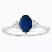 Oval Shape Oval Blue Sapphire with Trio Side Accents Ring 925 Sterling Silver