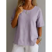 Women's Shirt White Cotton Top Solid Color Elegant Vintage Basic Short Sleeve Crew Neck Regular Tops Daily Going out Weekend White Yellow Pink Purple Green Sum