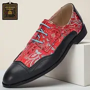 Men's Red Floral Jacquard Fabric Lace-up Shoes with Decorative Metal Tips and Bold Design Ideal for Fashion-Forward Events Parties and Nightlife