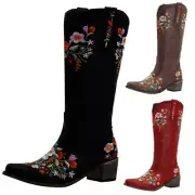 Women's Slouchy Knee High Boots,Pointy Toe Side Zipper Mid Chunky Heel Boots
