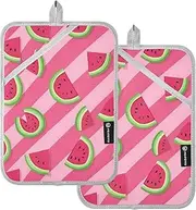 Pot Holders Heat Resistant Cute Watermelons Slices Peach Stripes Potholder with Pockets Hot Pot Holder Oven Mitts 2 Pack