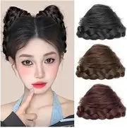 Hairpiece 2PC Synthetic Cat Ear Hair Bun Braided Chignon Drawstring Ponytail Hairpieces for Women Girls Daily Use(Dark Brown)
