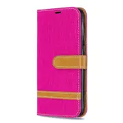 2 Pcs Color Matching Denim Texture Leather Case for Huawei Y5 (2019), with Holder & Card Slots & Wallet & Lanyard(Rose red)