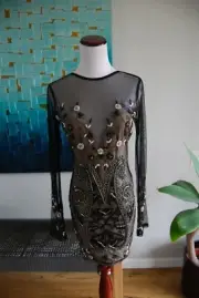Sky Clothing Brand S NWT $253 Bodycon Mini Dress Beaded Mesh Sheer Long Sleeve