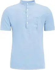 [N\P] NP Summer Casual Men's Shirts Minimalist Hemp Button Short Sleeves Blouse Sky Blue
