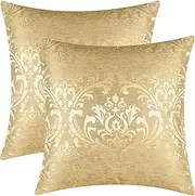 CaliTime Pack of 2 Throw Pillow Covers Cases for Couch Sofa Home Decoration Vintage Damask Floral Shining & Dull Contrast 18 X 18 Inches Gold