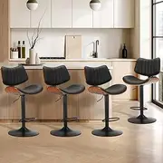 [OIKITURE] 4PCS Bar Stools Gas Lift Bar Stool Set of 4 Adjustable Height 93-115cm Kitchen Swivel Chair Wooden PU Leather, Black