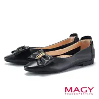 在飛比找momo購物網優惠-【MAGY】蝴蝶結金屬飾釦真皮尖頭平底鞋(黑色)