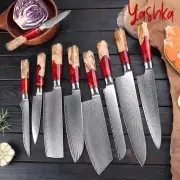 9 Pcs Chef Knife Set Damascus Steel Red Resin Handle Cleaver Nakiri Kitchen Tool