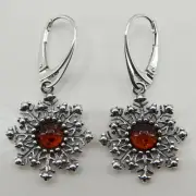Genuine Cognac / Brown BALTIC AMBER Snowflake Earrings 925 STERLING SILVER #1546