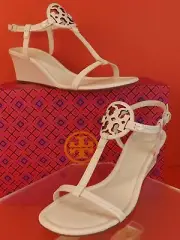 NIB TORY BURCH MILLER WHITE LEATHER T STRAP REVA WEDGE SANDALS 10.5 BRAZIL $295