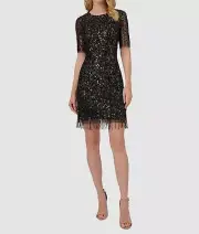 Adrianna Papell Women's Black Sequins Beaded Fringe Trim Crewneck Dress Size 12