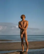 [B953] Handsome Male Cute Model Showing Off Body And Muscles On Beach Water