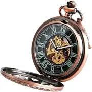 [Kirposh] Hollow Out Case Unisex Automatic Mechanical Pocket Watch Roman Number Dial Pendant Chain Clock