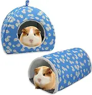 Guinea Pig Bed and Guinea Pig Tunnel, 2 Pack Soft Guinea Pig Accessories, Washable Guinea Pig Hide Set, Large Guinea Pig Hideout for Hamster Ferret Rabbit Bunny (Blue)