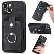 Wallet Case with Card Holder, Leather Kickstand Card Slots,Ring Stand for iphone-Black