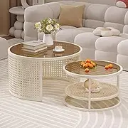 Coffee Table Set, Hollow Shelf Storage Design, 3 Glass Styles Available, Double-Layer Round Nesting Table, for Living Room, Bedroom, Office(Whiteb,27in+20in)
