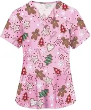 [CDM Plus] Christmas Medical Scrub Top, Pink Gingerbread Design, Sizes S-XXL