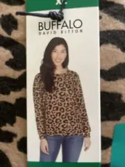 Buffalo David Bitton Women’s Long Sleeve Crew Neck Shirt- Cheetah Print-Size XL