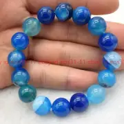 12mm Natural Blue Striped Agate Gemstone Beads Stretch Bangle Bracelet 7.5"