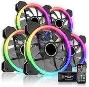 EZDIY-FAB New Dual Ring 120mm RGB LED Case Fans, 5V Motherboard Sync, Speed Adjustable, RGB Sync Fan with Fan Hub X and Remote-5 Pack