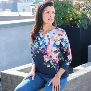 Alfred Dunner Free Spirit Women's Floral Knit Ruched Sleeve Top