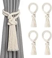 Pretty Jolly 4 Pack Natural Cotton Rope Tassel Curtain Tiebacks Boho Home Decor Drape Tie Backs Hand Woven Ball Curtain Holdbacks for Thin & Thick Home & Office Window Draperies (Beige)