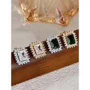 Women's Silver Square Zircon Stud Earrings with Double Halo Design - Elegant Party Jewelry for Fashionable Ladies