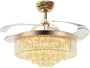 Reversible Retractable Ceiling Fans with LED Light and Remote Control, 42" Invisible Ceiling Fan Chandelier with 4 Clear ABS Blade, Livingroom Fandelier Indoor Crystal Ceiling Light with Fans (Gold)