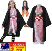 Kids Adults Demon Slayer Kamado Nezuko Dress Wig Cosplay Costume Kimono Party