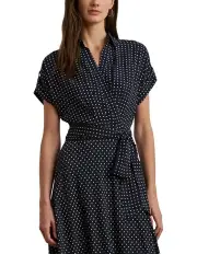 [Lauren Ralph Lauren] Polka-Dot Belted Crepe Dress in Blue