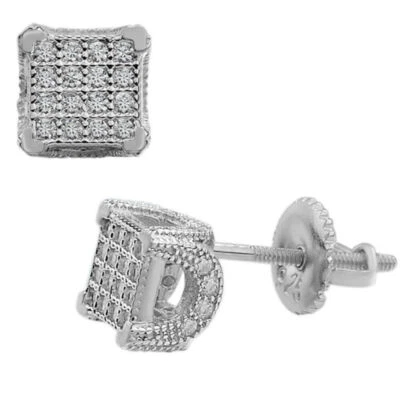 Mens Ladies Solid 925 Sterling Silver Iced Earrings Cube Studs Small CZ Square
