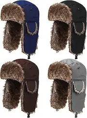 [JaGely] 4 Pieces Winter Trapper Hat Windproof Russian Ushanka Trooper Hats Russian Hat with Ear Flaps Hats Outdoor Warm Ushanka Hat for Man Women Climbing Hiking Cold Weather (Black, Grey, Brown, Navy), Black, Grey, Brown, Navy, Medium