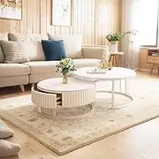 Modern Round Nesting Coffee Table with Drawers, 2 in 1 Nesting Coffee Table with Storage Drawer and Metal Frame, Easy Assembly Perfect for Living Room Reception Room Office,White