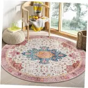 Ultra-Thin Washable Round Rug - 4ft Pink Oriental Circle Area Rugs for