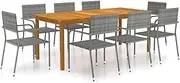 9 Piece Garden Dining Set Grey - Outdoor Furniture with Acacia Wood Table, PE Rattan Chairs, Patio Wicker Dining Set, 200x90cm