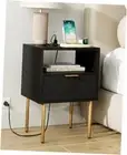 Nightstand,Small Bedside Table with Gold Frame,Night Black Morden-Stripe-Outlet