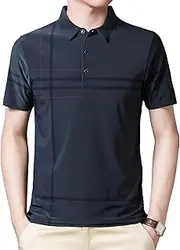 [PHJTOMK] Mens Dry Performance Golf Shirts Athletic Collared Shirt Geometry Striped Print Moisture Wicking Polo Shirts, Grey, Medium
