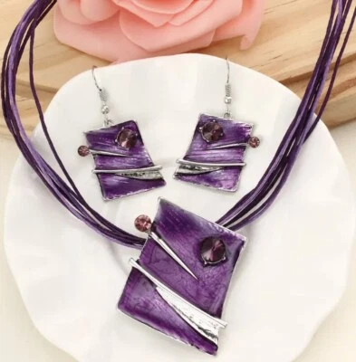 Multi layer wax rope chain geometric Purple pendant Necklace and Earrings set